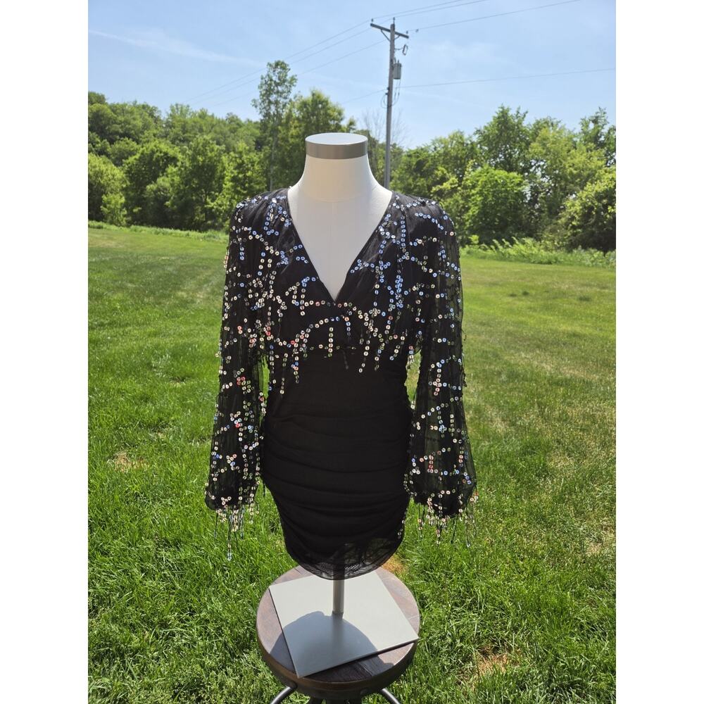 Black Sequin Mesh Long Sleeve Ruched Mini Dress